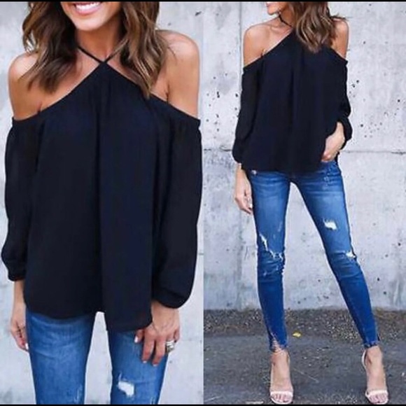 Black off the Shoulder full sleeve halter top - Picture 3 of 5